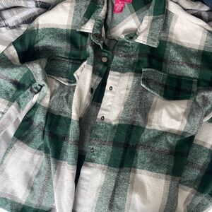 Green and White Plaid Button-Up Shirt